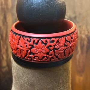 Chinese red Cinnabar bangle, flower, pattern, black and red